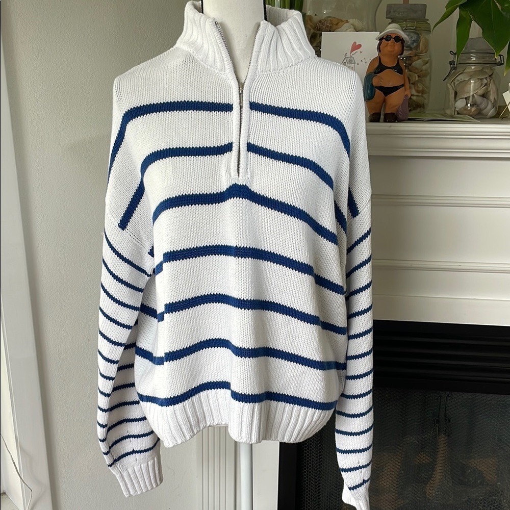 White & Navy Striped Half-Zip Sweater